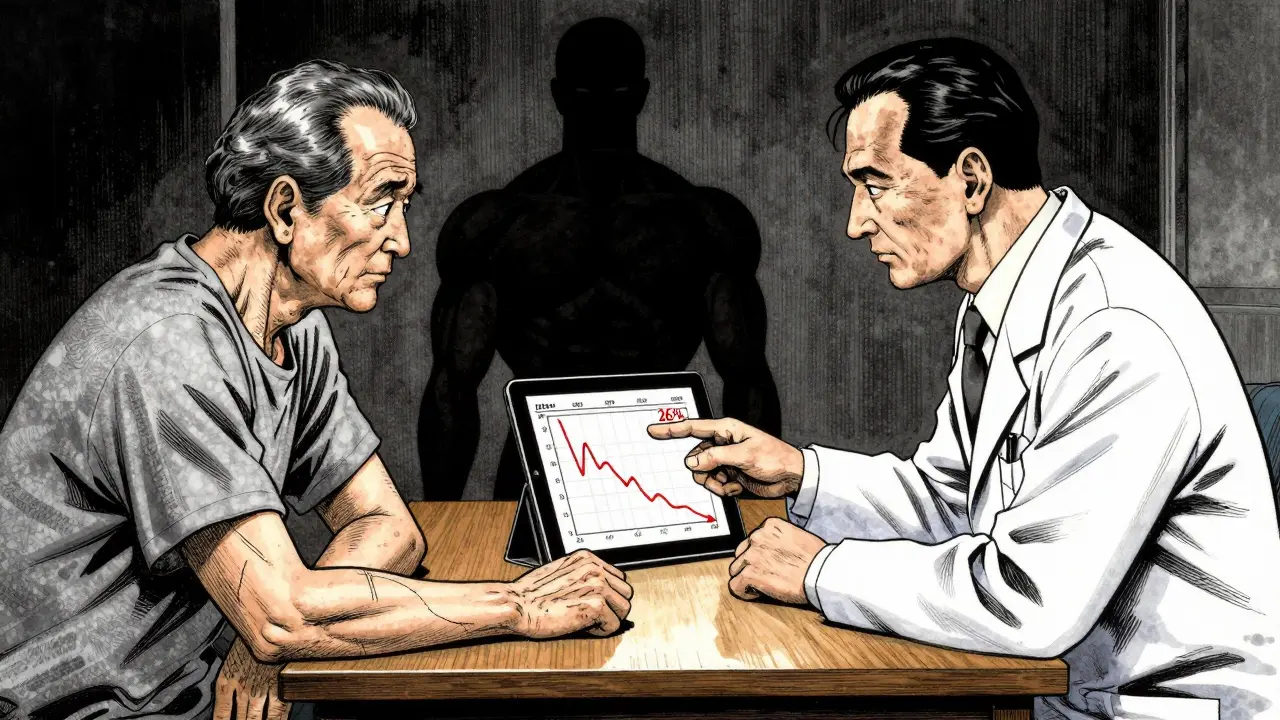 Elderly patient and doctor reviewing cholesterol graph, quiet relief on face, subtle muscle lines unbroken.