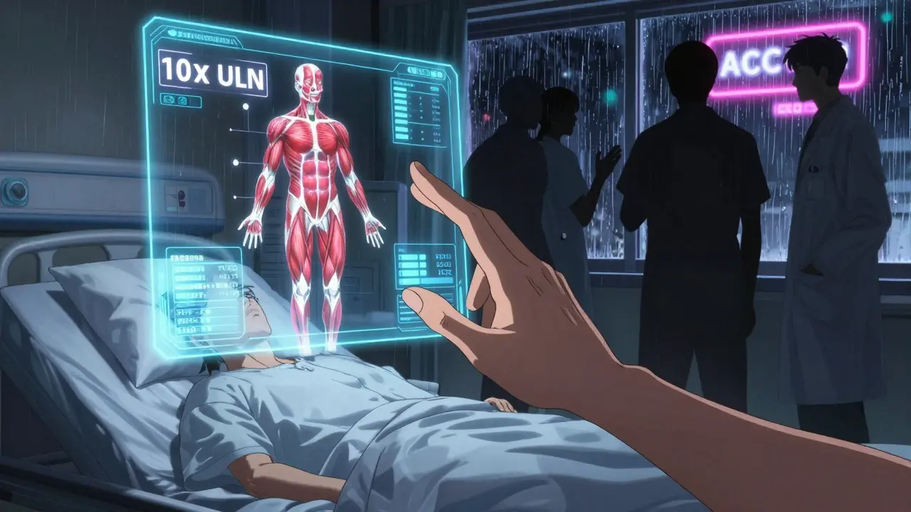 Holographic muscle damage warning above hospital bed, doctors in silhouette arguing over guidelines