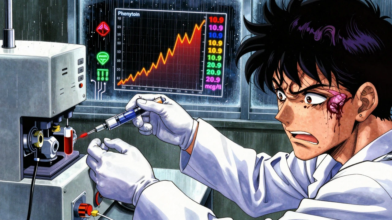 Lab technician with unstable phenytoin blood level graph and patient having seizure in foreground