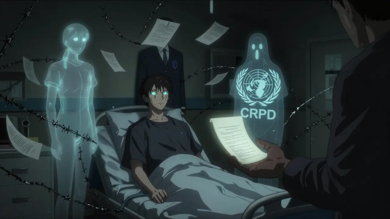 Mental health patient surrounded by legal figures and CRPD symbol, one hand offering support amid chains of paperwork.