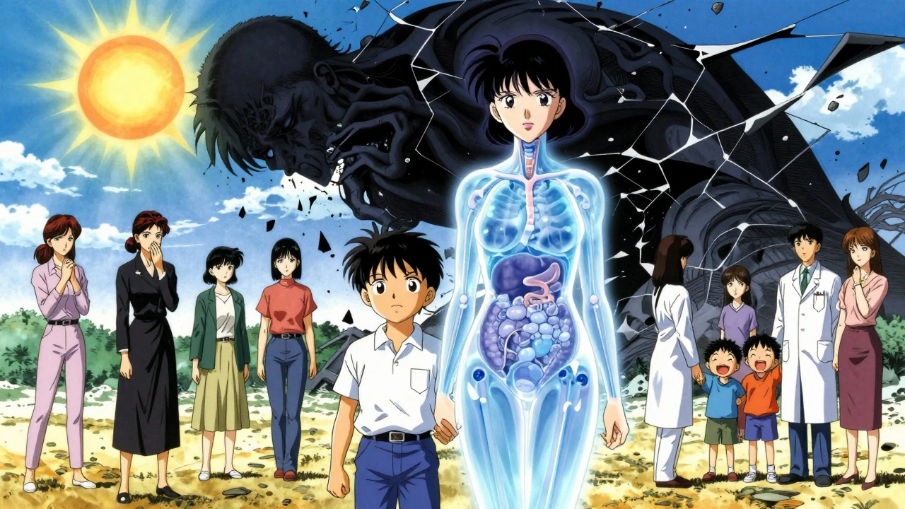 Mother and child under a broken sky, one side showing despair, the other healing and hope.