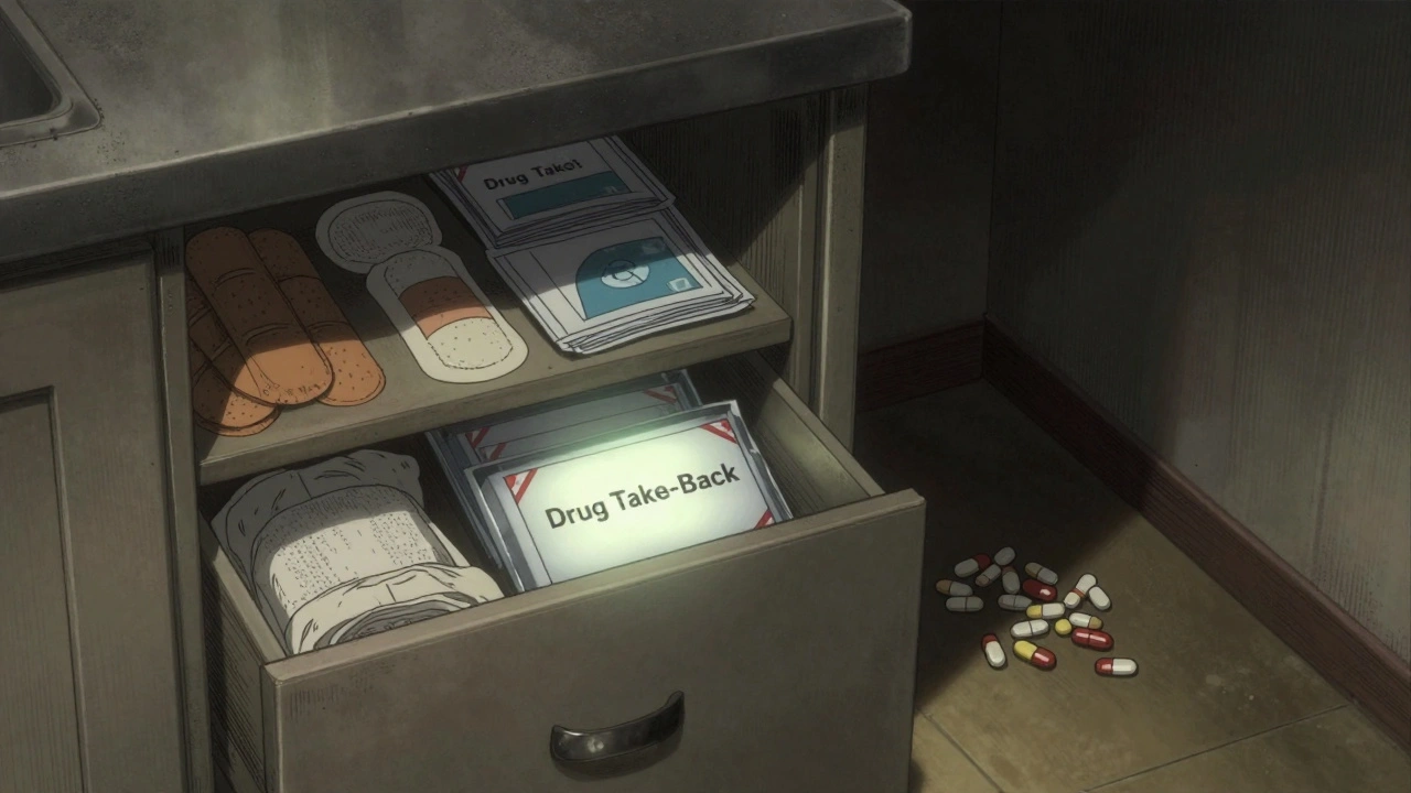 Neatly organized first-aid supplies in a kitchen cabinet, with a drug take-back envelope glowing beside discarded pills in shadow.