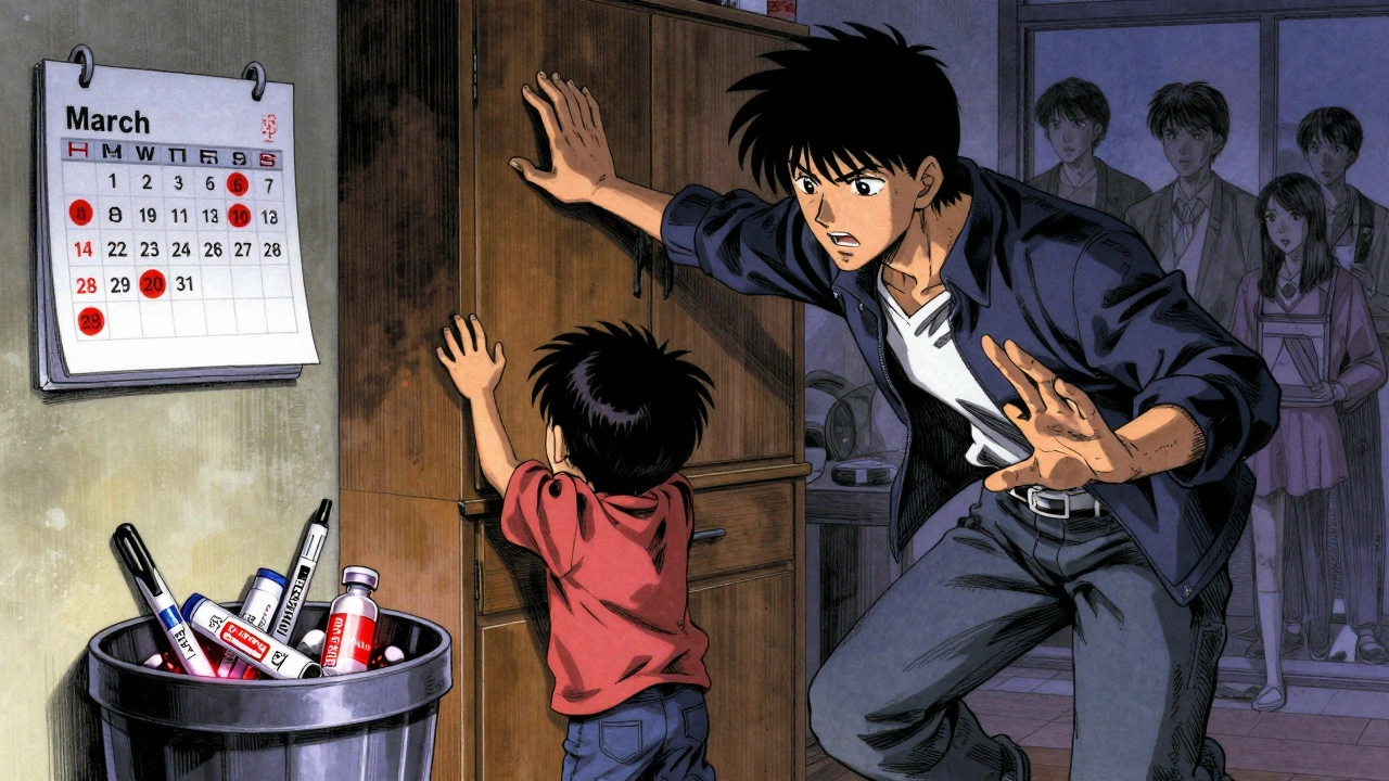 Parent stopping child from reaching a cabinet, expired EpiPens and insulin in trash, calendar marked March and November in red.