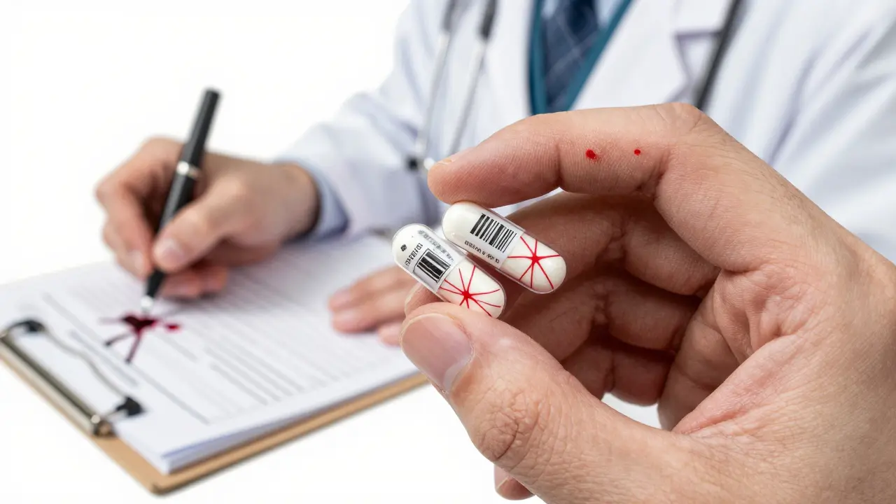 Patient's hand holding generic pills dissolving into ash, doctor writing urgent notes with bleeding ink, intense detail.