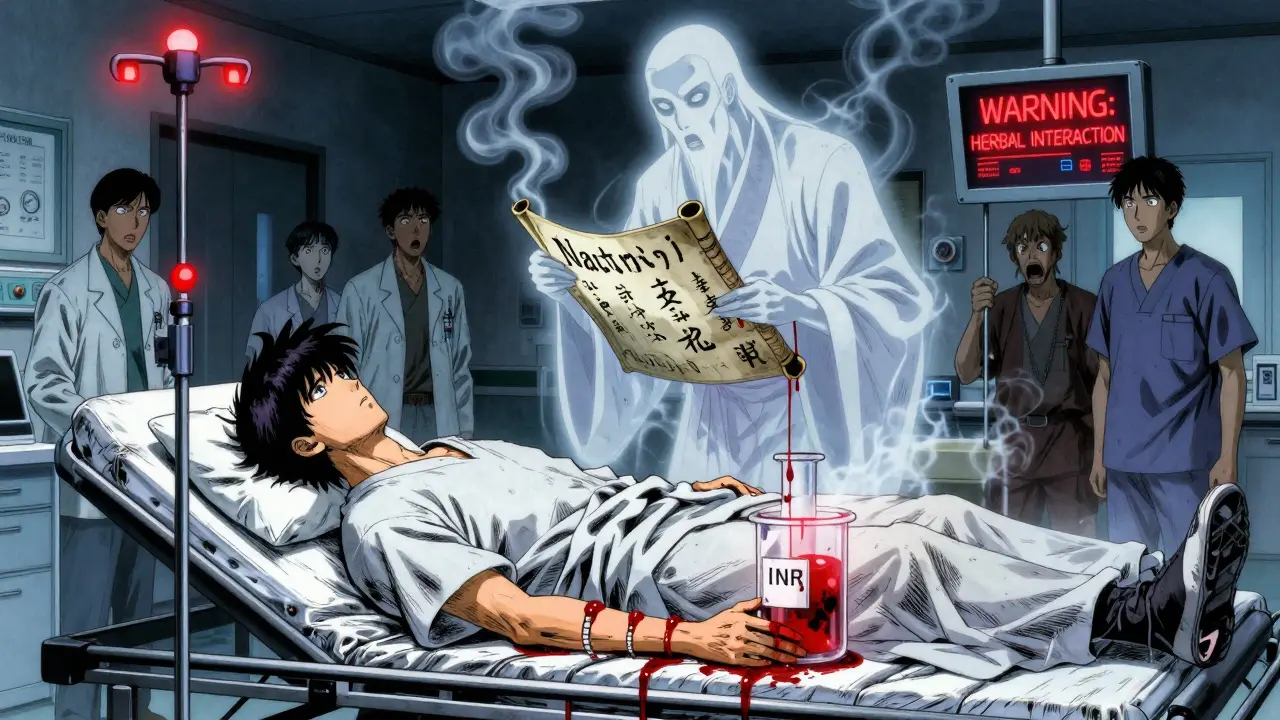 Patient in ER with slow-dripping blood, spectral herbal spirit fading above, INR warning flashing on screen.