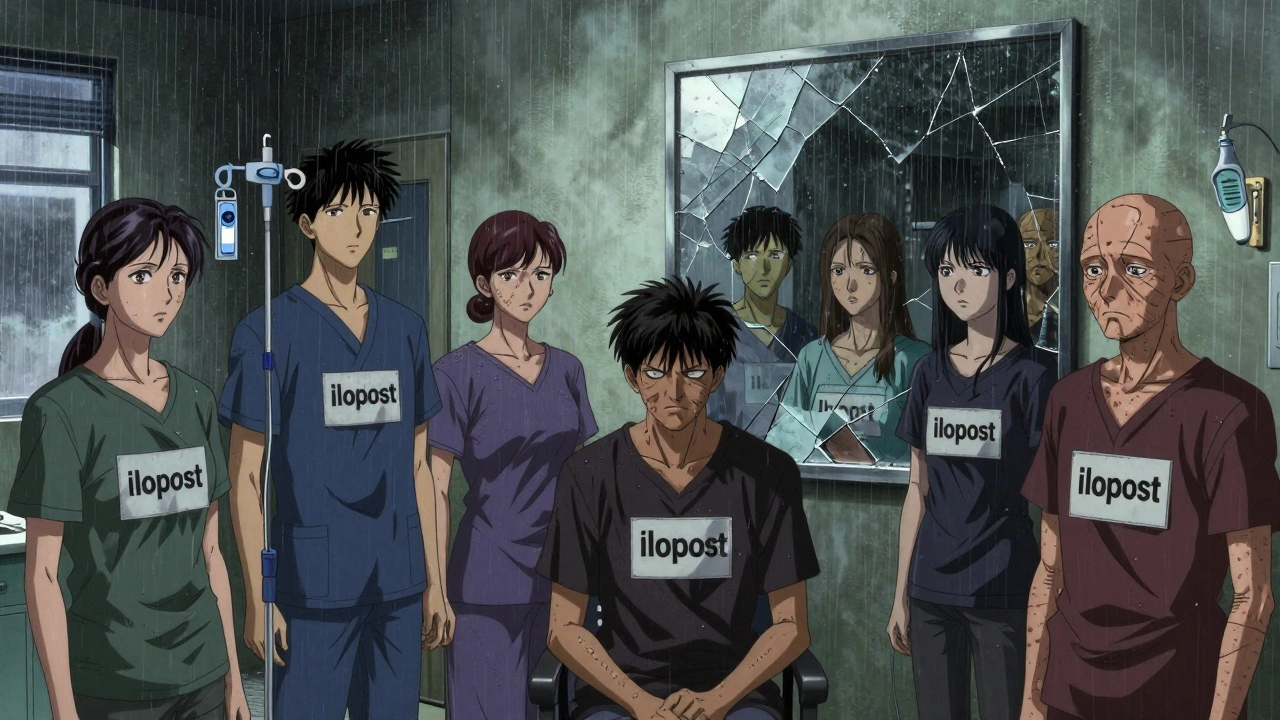 Patients in a clinic hallway with scleroderma symptoms, reflecting their past healthy selves in a broken mirror.