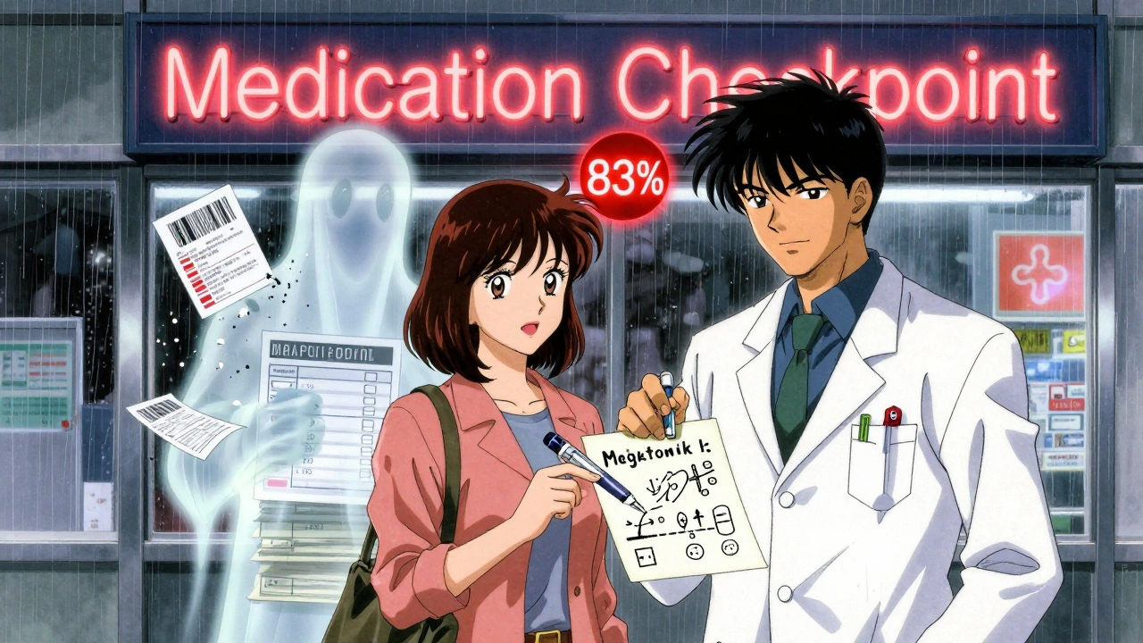 Pharmacist and patient together under checkpoint sign, patient explaining insulin use, error logs crumbling in background.