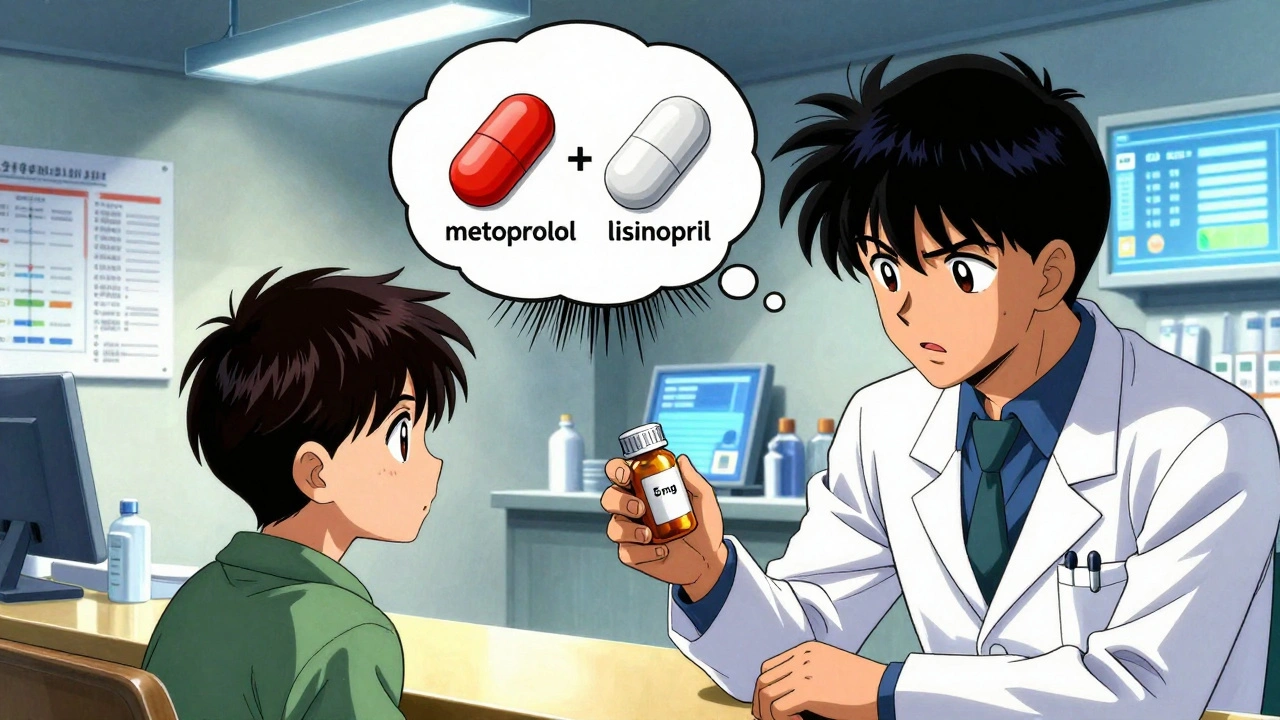 Pharmacy technician speaking to confused patient, thought bubble showing two similar-looking pills morphing into each other.
