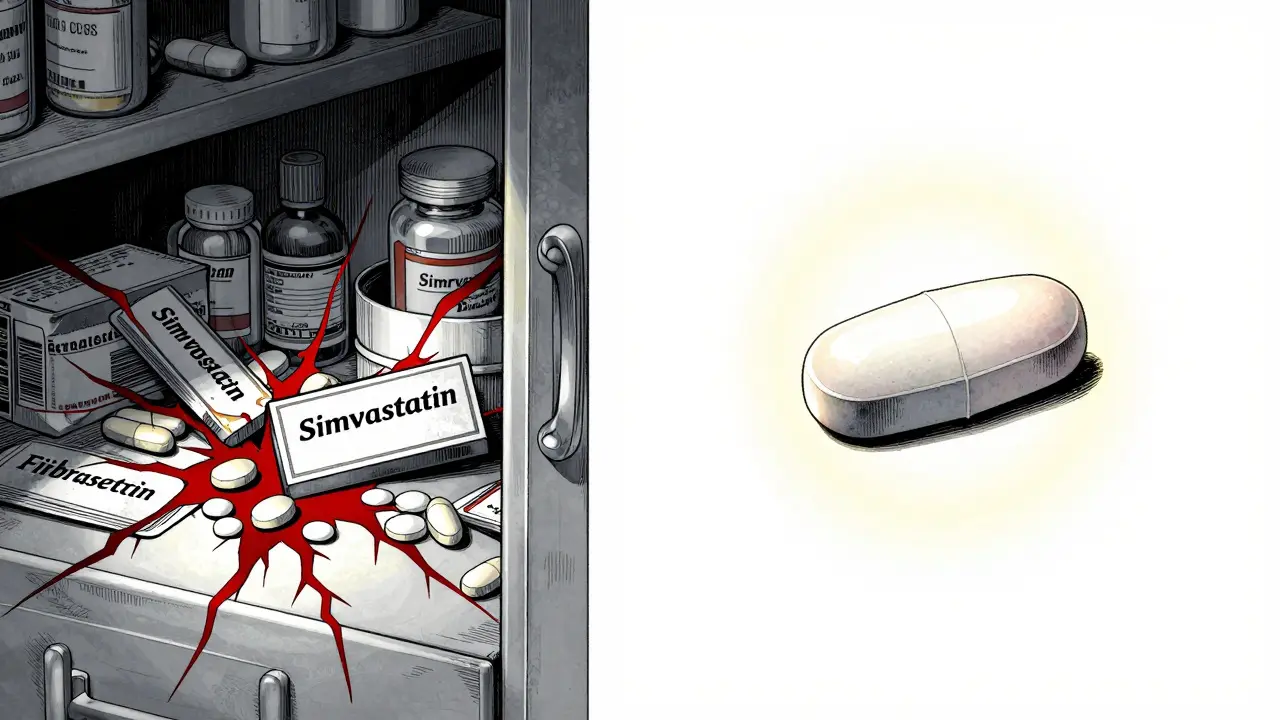 Split scene: chaotic medicine cabinet vs. single pravastatin tablet with glowing kidney symbol.