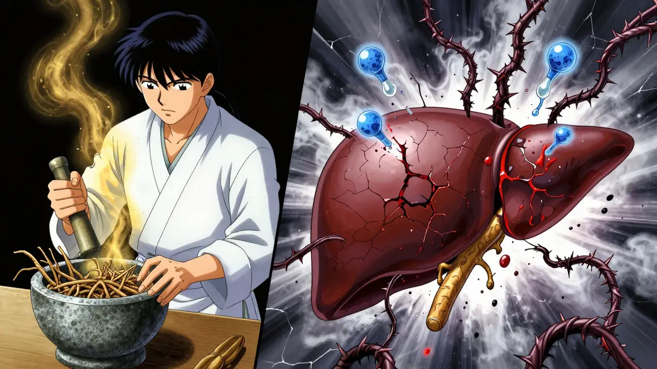 Split scene: herbalist grinding Dong Quai on one side, root turning to barbed wires piercing liver on the other.