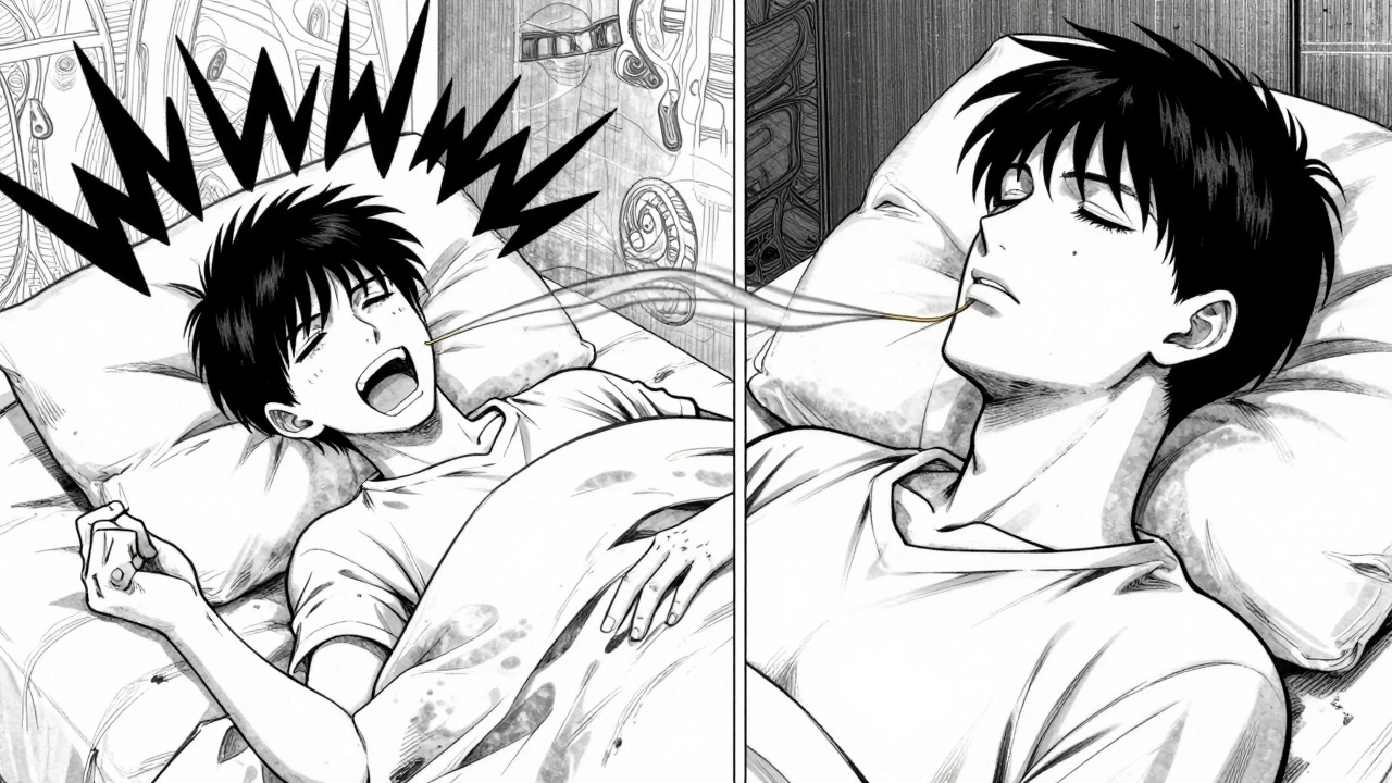 Split scene: snoring with jagged sound waves vs. peaceful sleep with golden thread connecting jaw to throat.