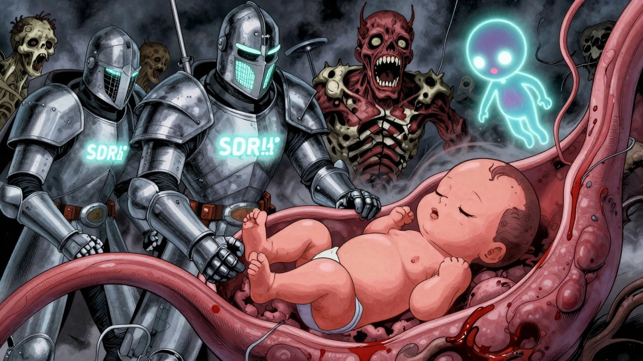 SSRI knights defend a fetus in the womb against monsters of untreated depression.