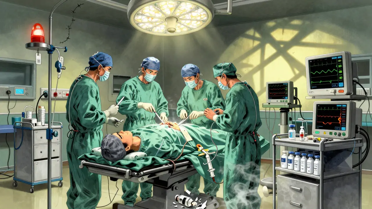 Surgeons frozen in a surgical theater as an empty drug cart and shattered anesthetic vial signal a life-threatening shortage.