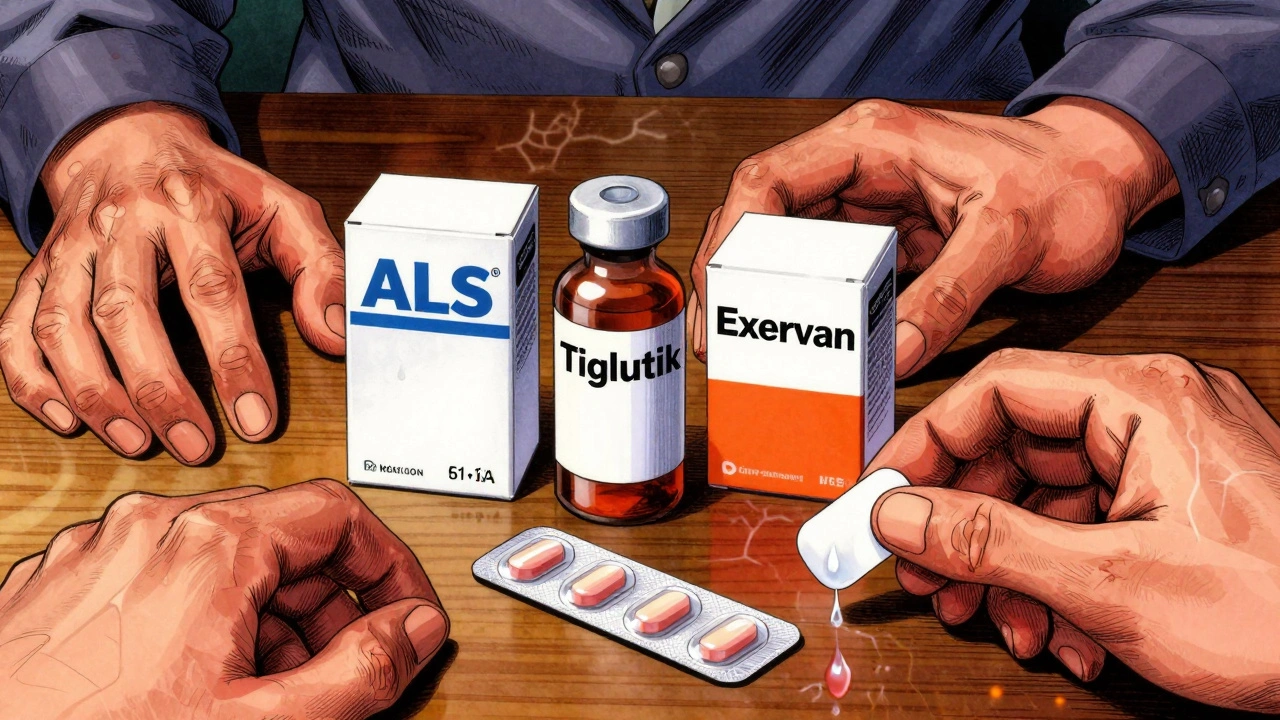 Three ALS medications arranged like sacred objects, with ghostly hands struggling nearby.