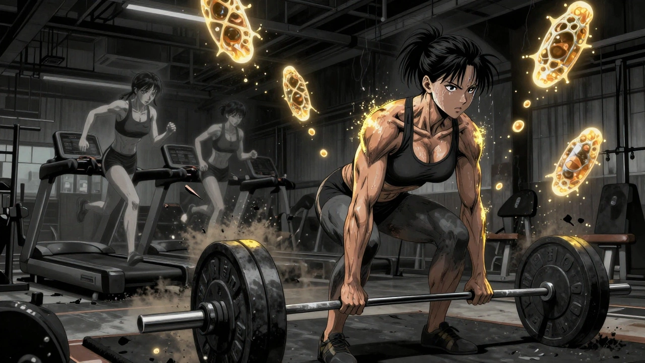 Woman lifting weights with glowing muscle fibers and protein molecules raining down in gritty anime style