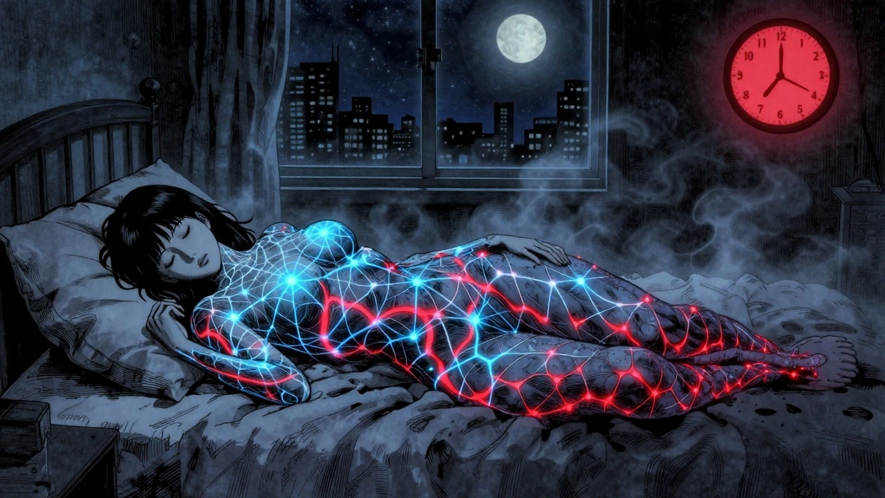 Woman sleeping with hormonal threads and shrinking abdominal fat, moonlit room in detailed anime style