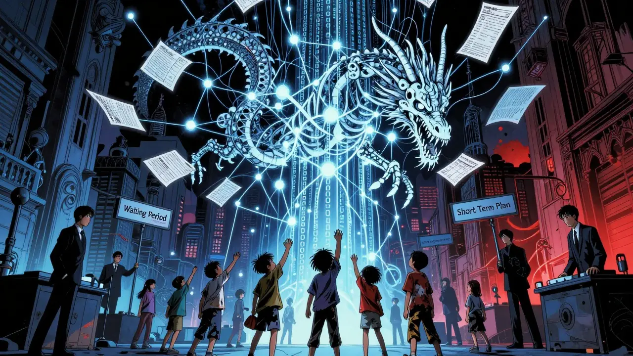 A data-network dragon made of insurance forms towers over children reaching upward, bureaucrats pull levers in a gothic cityscape.