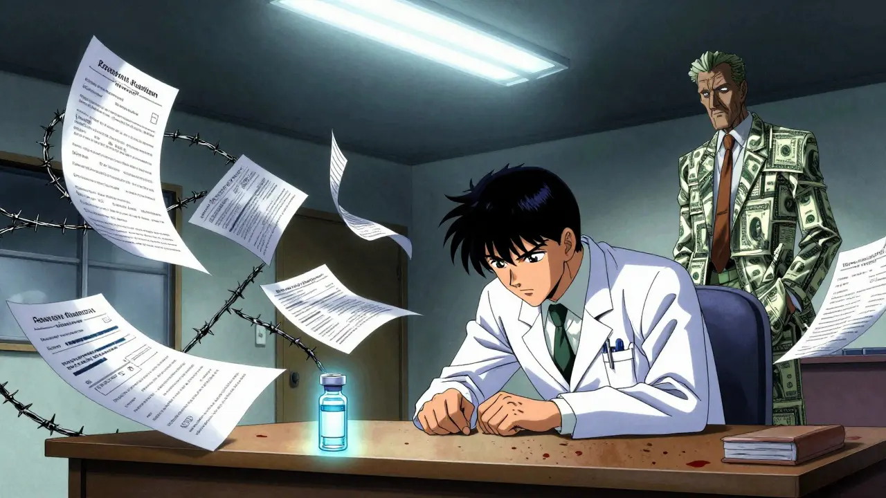A doctor drowned in paperwork, a single biosimilar vial glowing amid barbed-wire forms, while a PBM executive looms above.