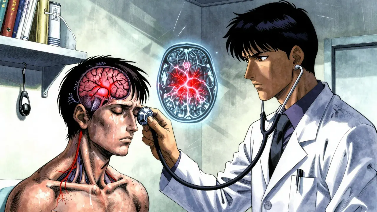 A doctor using a stethoscope as a surreal MRI reveals violent neural activity in a patient's brain, in detailed Miura-inspired art.