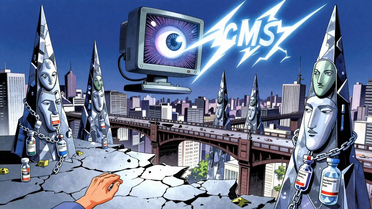 A dystopian medical tier city with Humira and biosimilar vials chained to patients, under a monitoring god-like CMS entity.