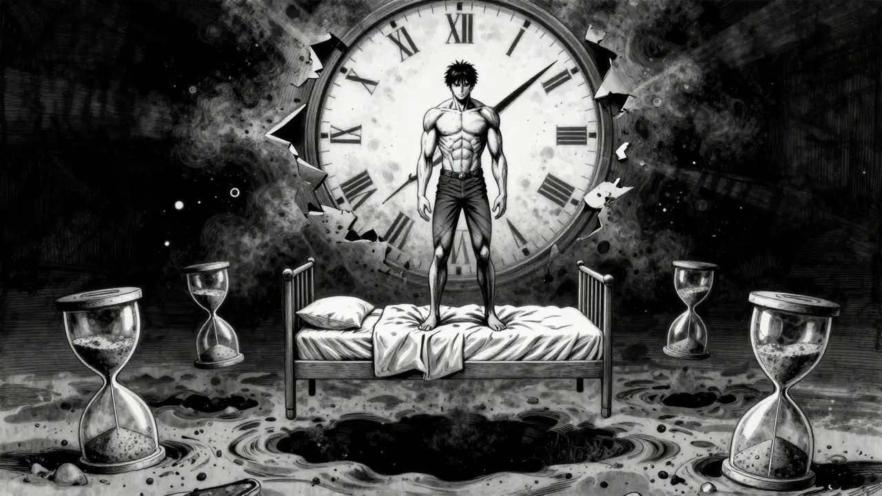A figure in an empty bed frame surrounded by draining hourglasses, symbolizing sleep restriction.
