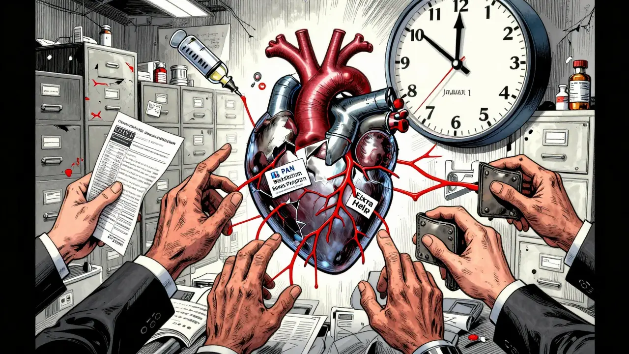 A fractured heart made of assistance programs hovers over a bureaucratic maze, with desperate hands reaching up.