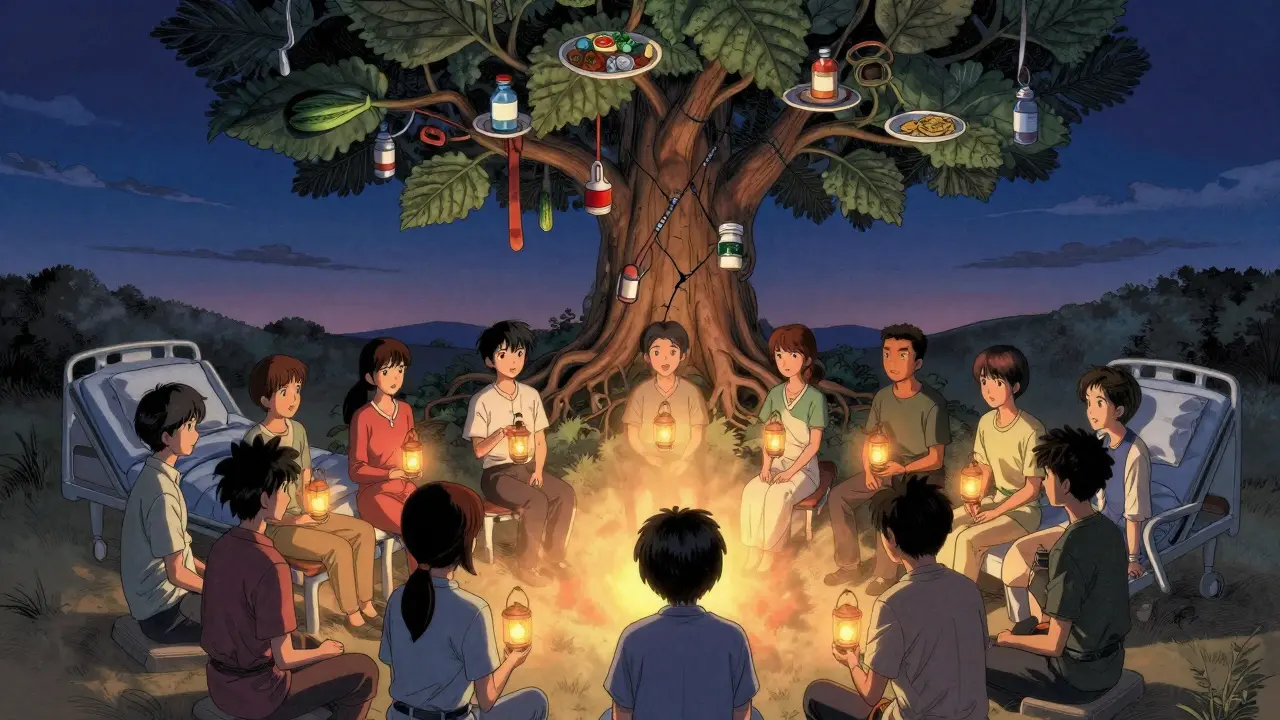 A group of people hold pancreas-shaped lanterns under twilight, a healing tree growing from a hospital bed behind them.