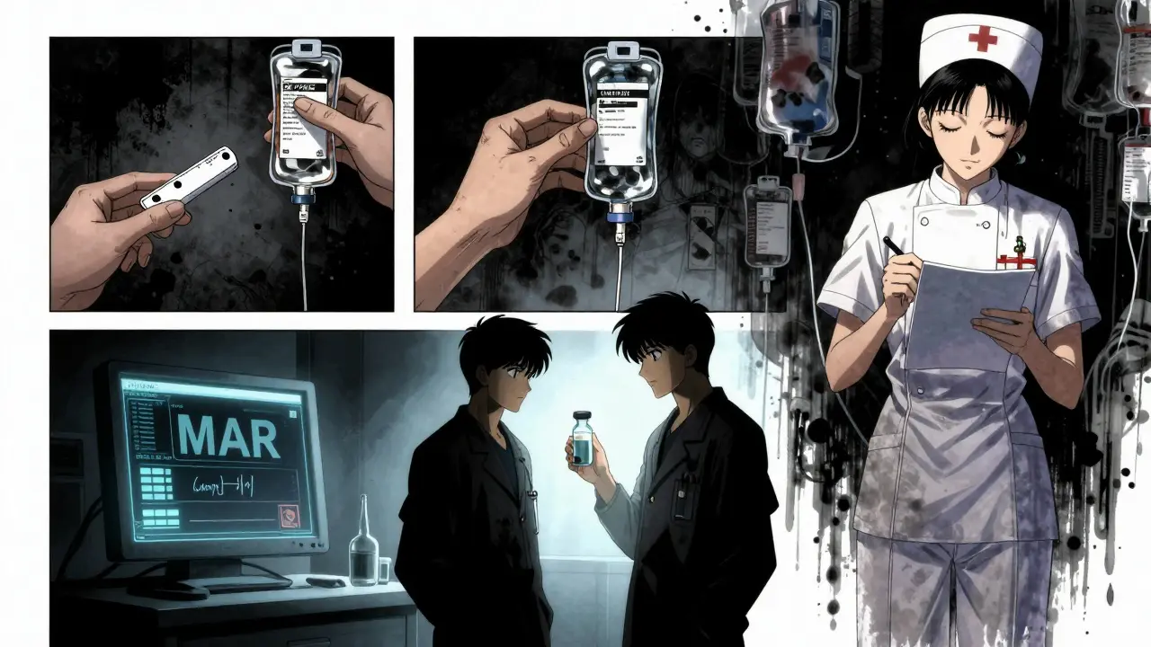 A haunting scene of failed medication checks contrasted with a correct double check under glowing eMAR lights.