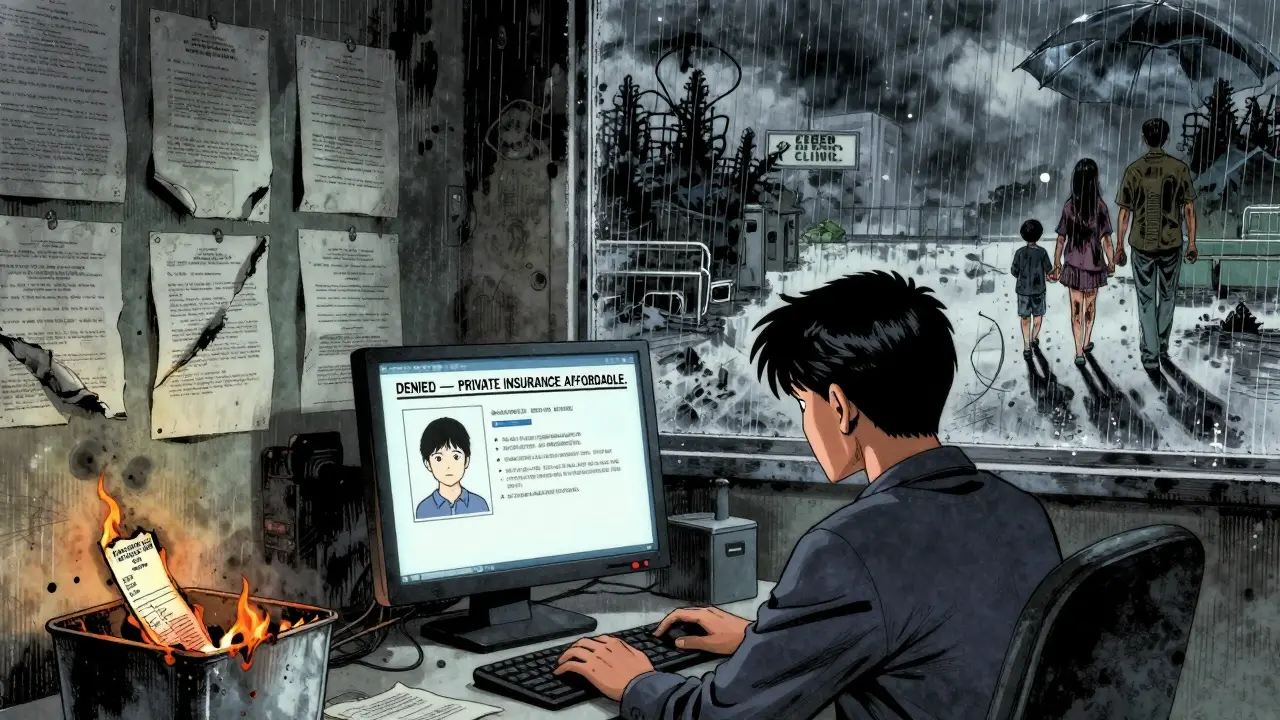 A Medicaid worker in a dim office faces a denied child's profile as paper forms burn, a family walks away under a stormy sky.