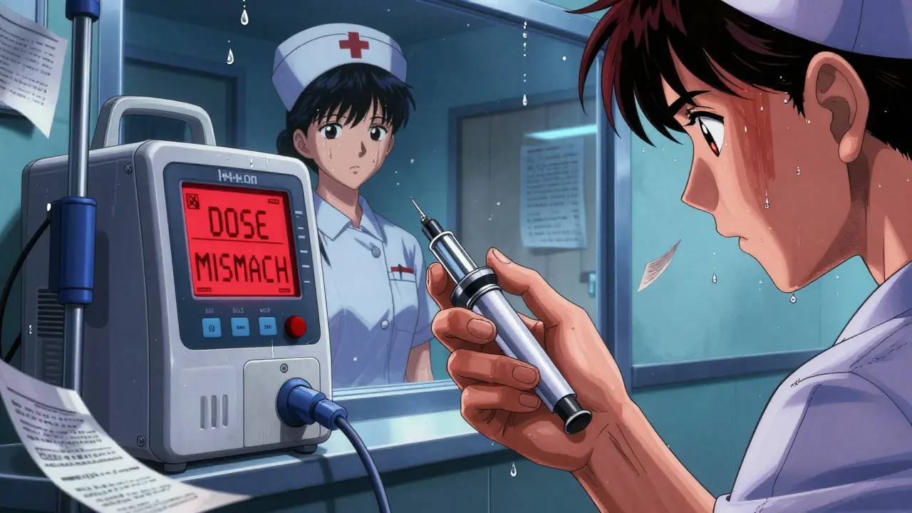 A nurse placing insulin into an IV pump with a red dose mismatch warning glowing on the screen.