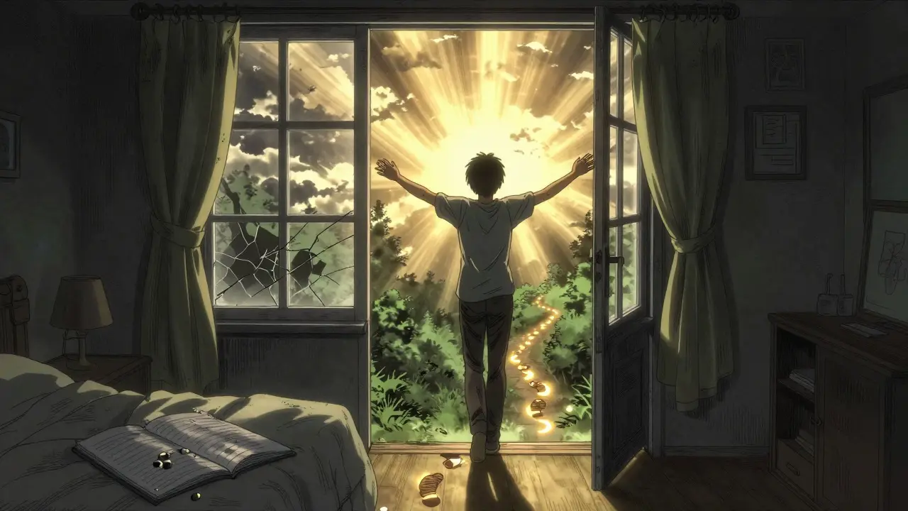 A person stepping into morning sunlight, leaving moon-shaped footprints on a path toward healing.