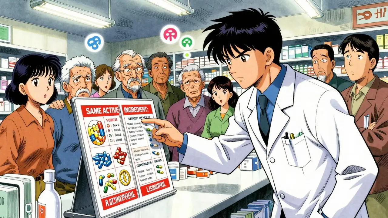 A pharmacist shows a visual chart comparing brand and generic pills to anxious patients in a pharmacy.