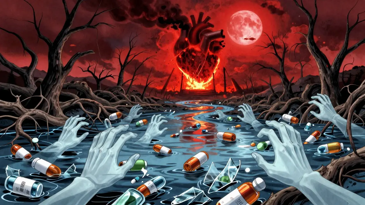 A polluted river filled with pill bottles, ghostly hands rising from the water, while a fiery incinerator looms in the distance under a red moon.