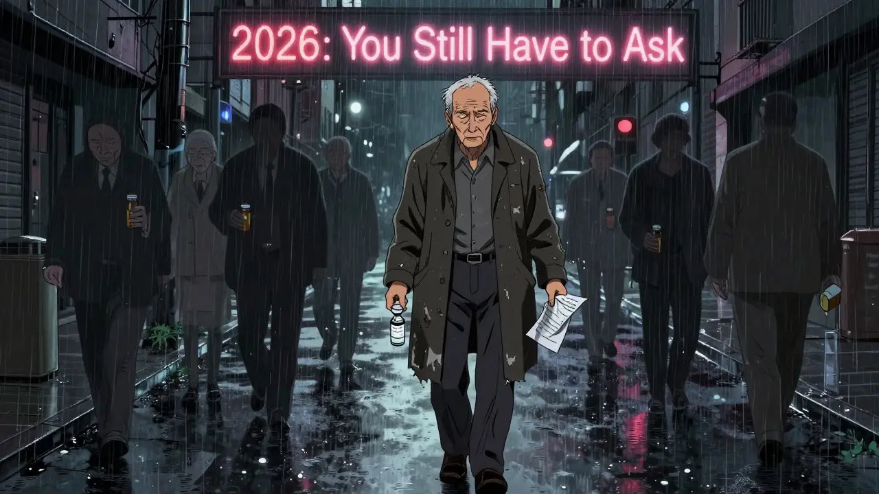 An elderly man walks in the rain holding insulin and a denial letter, ghostly figures fading behind him.