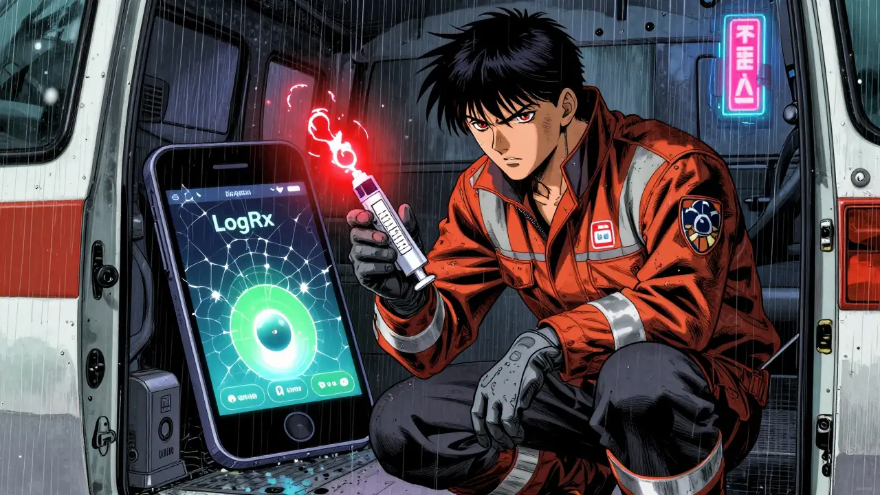 An EMS worker holds an expired epinephrine injector, its date projected as a fading sigil beside a smartphone alert.