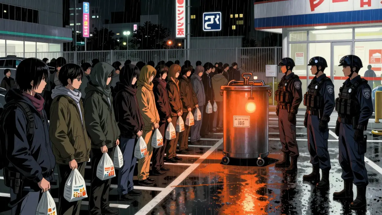 Crowds quietly dropping off medications at a police station during a nighttime drug take-back event, officers standing beside a collection bin.