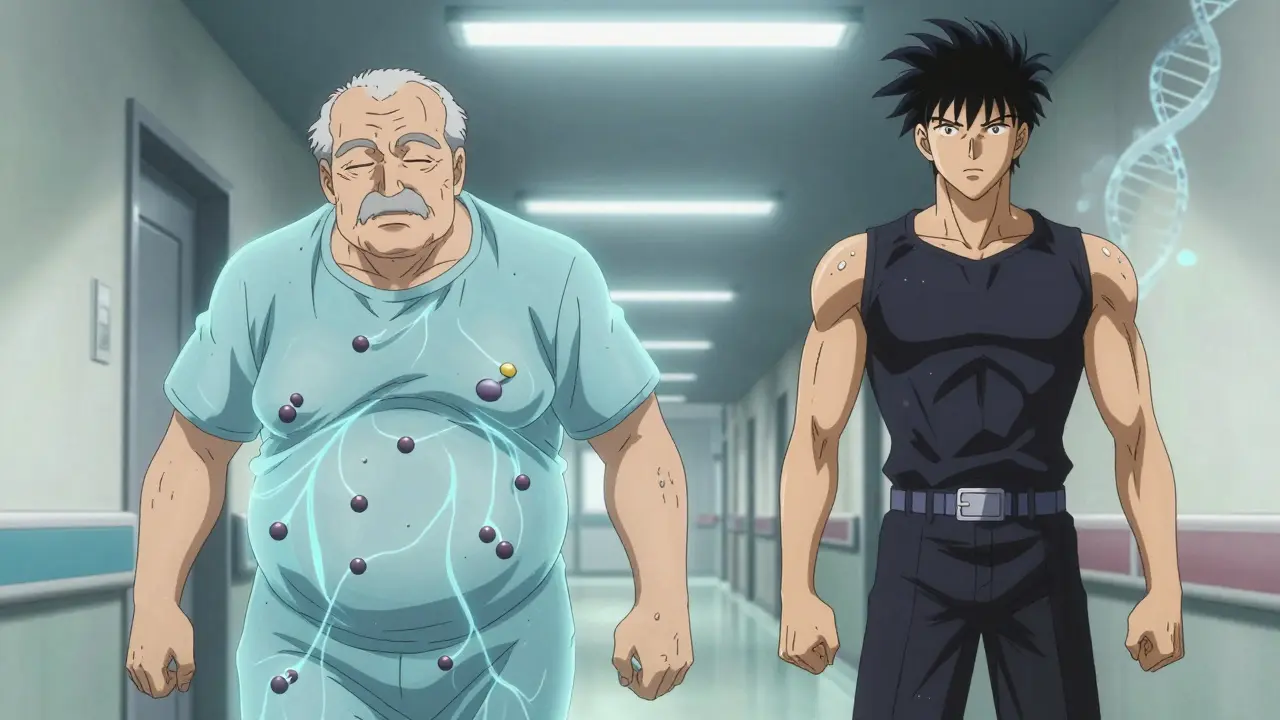 Elderly man stumbling as drug molecules cling to his fat tissue, contrasted with a young person where drugs dissolve instantly.