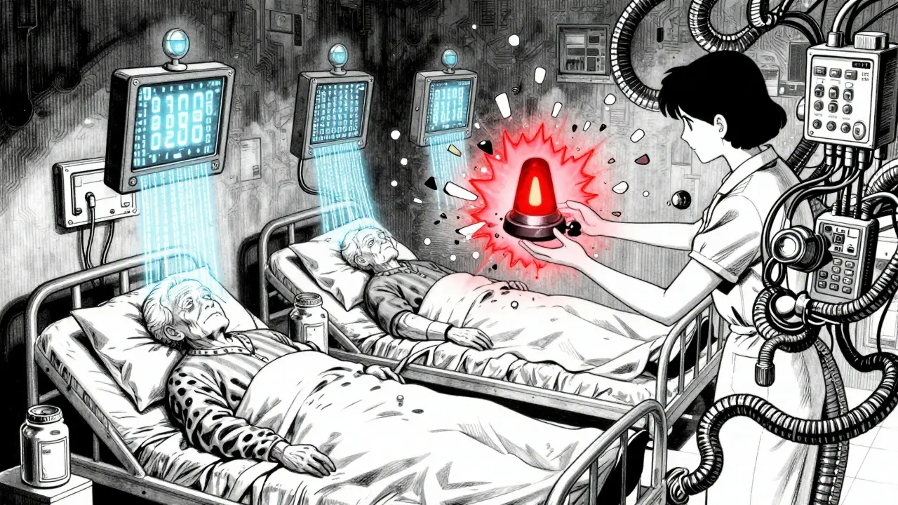 Elderly patients in a nursing home are surrounded by floating digital expiration alerts, one tablet shattering into light.