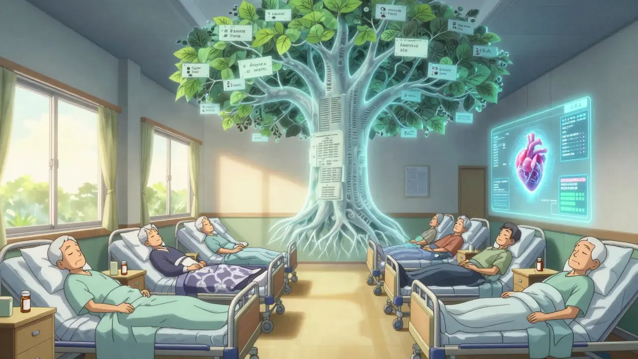 Elderly patients in nursing home with a giant formulary tree above them, AI interface projecting patient data.