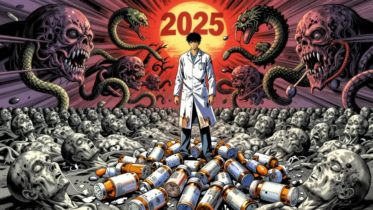 Figure atop prescription bottles facing monstrous GABA and opioid entities, fading breath lines over a field of silent corpses.