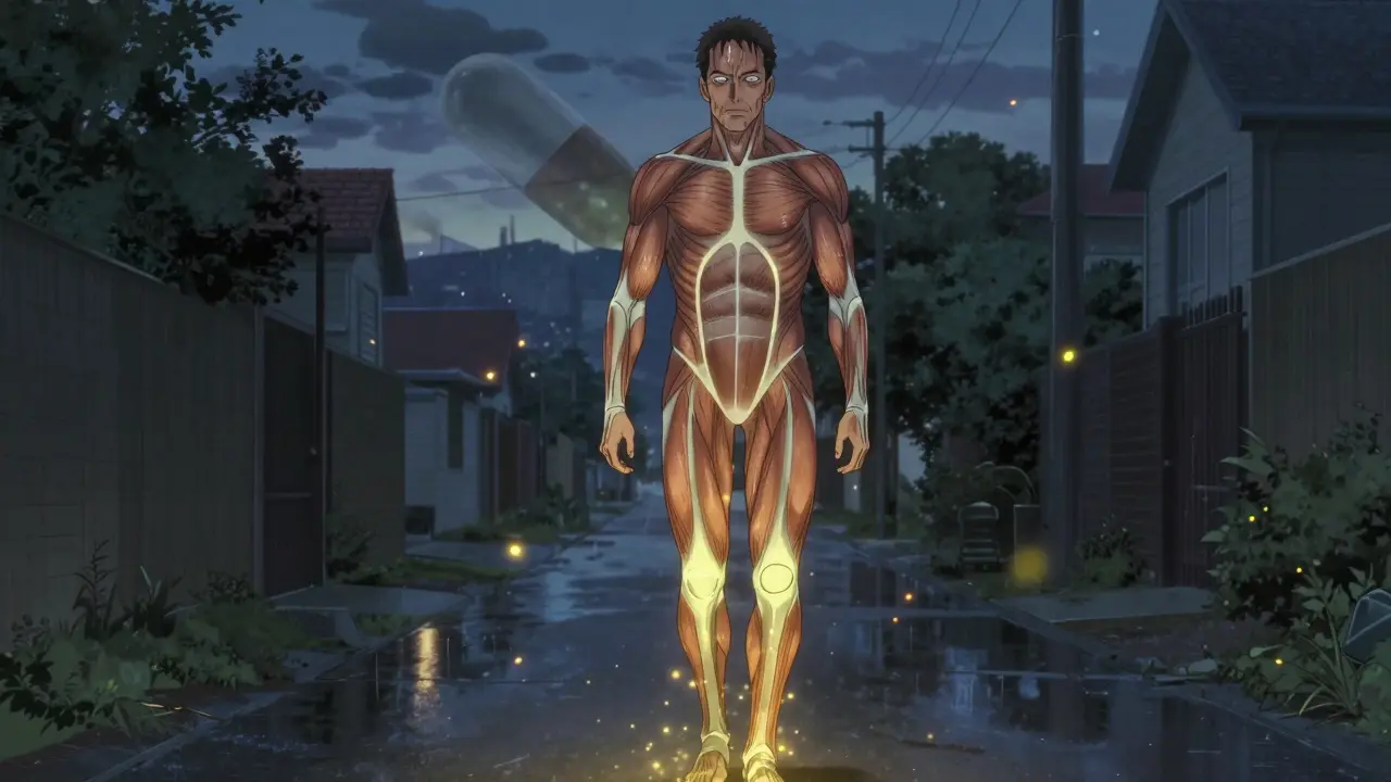 Man walking at dusk with glowing CoQ10 particles around his legs, statin pill dissolving behind him.