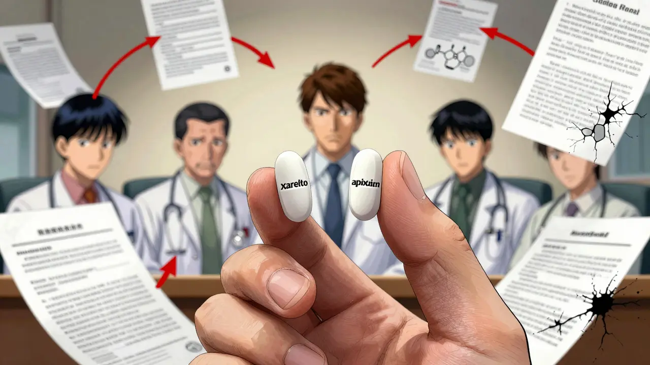 Patient's hand holding two blood pressure pills side by side, legal documents and drug diagrams floating around.