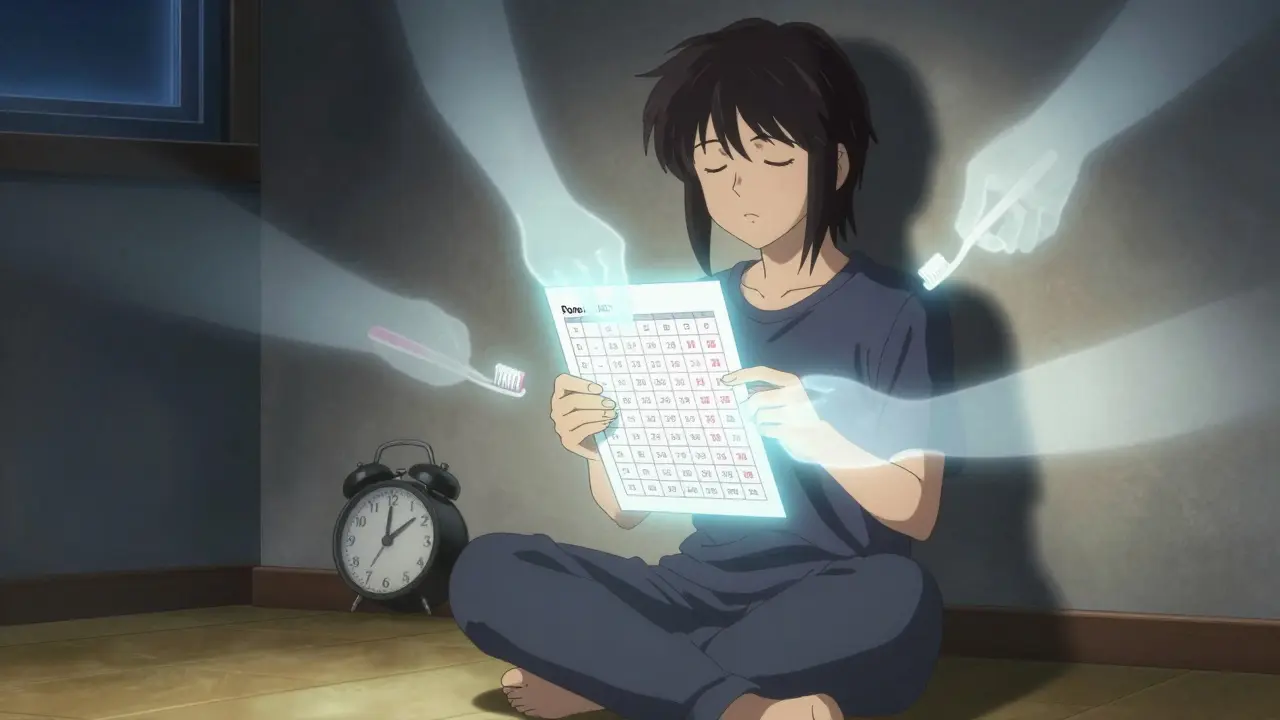 Person holding a transition checklist as glowing hands guide them, with fading memories of old routines around them.