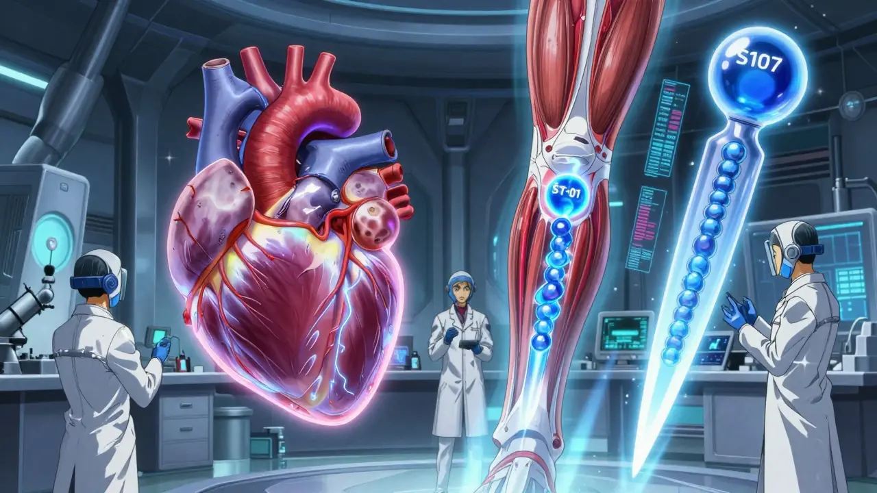 Scientists monitoring heart and muscle side-by-side, new drugs sealing calcium leaks with blue energy.