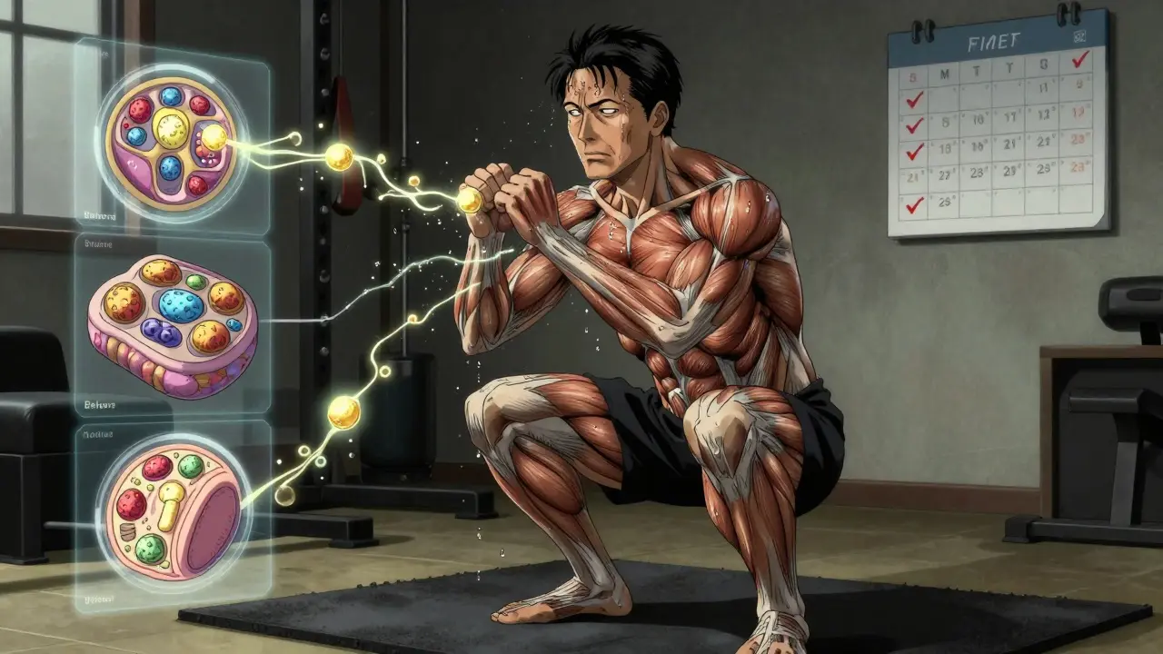 Someone doing squats with glowing glucose flowing through muscles, cellular changes visible in translucent overlays.