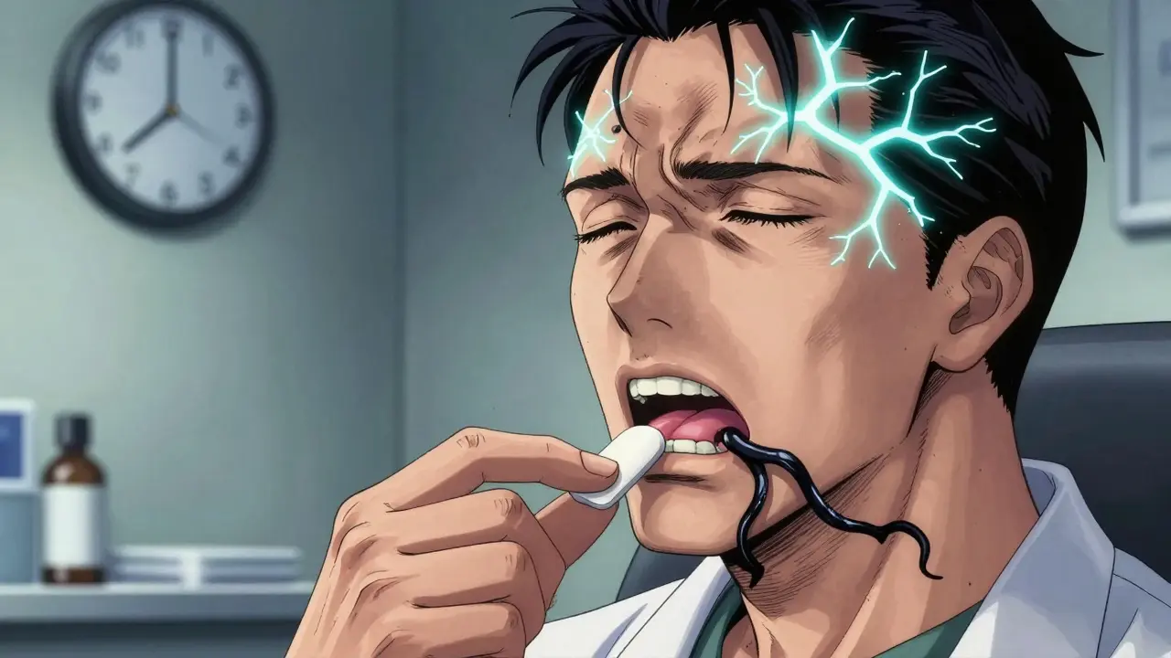 Someone placing buprenorphine under their tongue, with neural cracks and mouth tendrils symbolizing cravings and irritation.