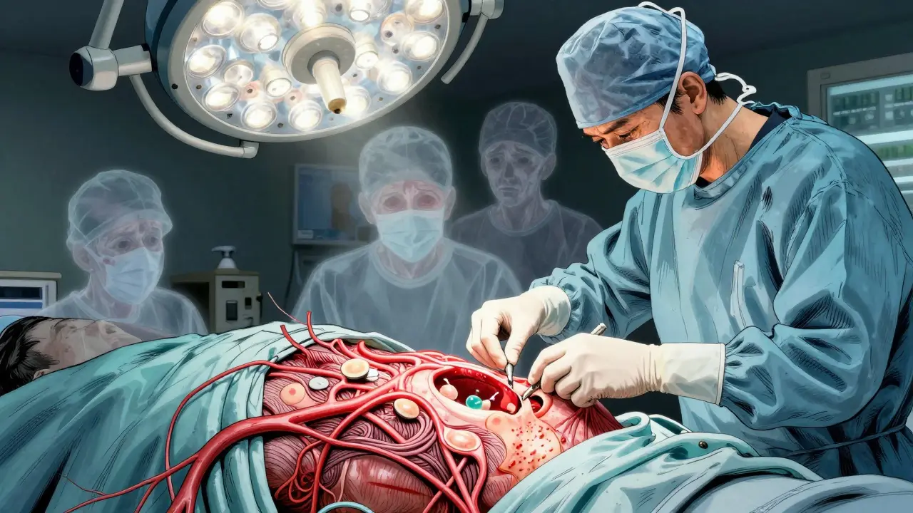 Surgeon's hands performing thyroidectomy with glowing nerves and preserved parathyroid glands, dark figures of fatigue in background.