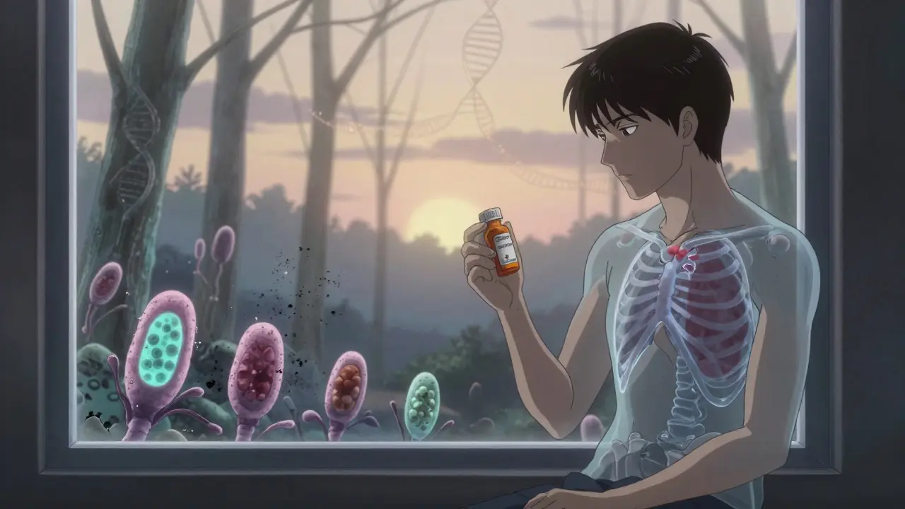 Survivor holding thyroid medication, chest hollowed out, with regenerating cells and fading cancer in a desolate dawn landscape.