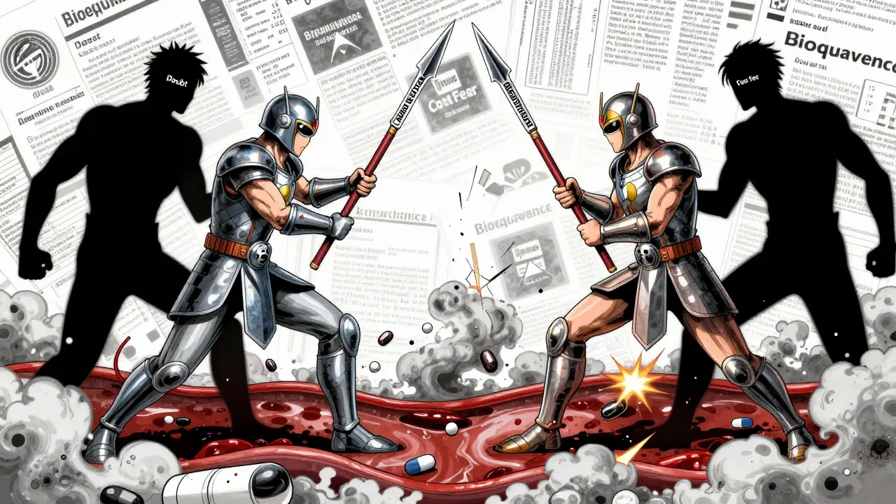 Symbolic warriors representing brand and generic drugs fight through a chaotic bloodstream filled with doubt and fear.