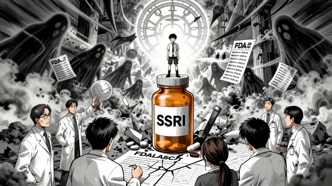 Teen atop pill bottle battlefield as suicide stats and black box warning loom, doctors and parents arguing below.